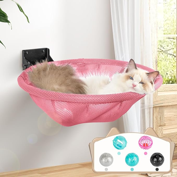 JUNSPOW Cat Hammock Wall Mounted, Foldable & Stable Cat Beds- Breathable Cat Wall Shelves for Sleeping, Playing, Climbing, and Lounging - Maximum Hold Up to 30lb (Pink)