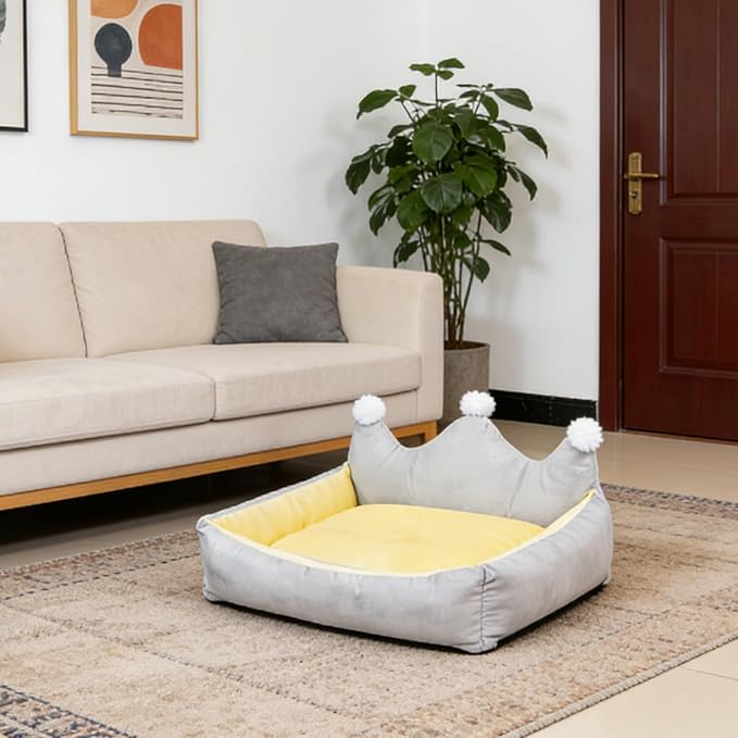Cute Crown Pet Beds for Dogs Cat,Fashionable Luxurious Crown Cat Princess Beds Winter Warm Puppy Cat Sofa Bed Soft Upholstered Plush Sofa,Durable Washable Anti-Slip Dog Beds (Grey, XS Below 1.5 kg)