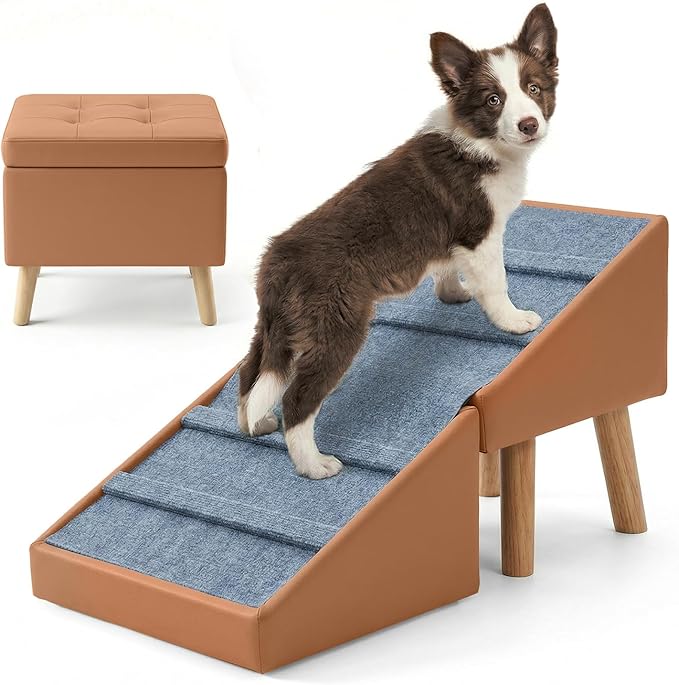 Dog Ramp & Stairs for Couch Sofas, 18.5" Extra Wide Pet Steps for Small Dogs, 15.7" H 3-in-1 Foldable Ottoman & Hidden Storage Design, Non-Slip Dog Ramp for Senior & Injured Pets (Camel)