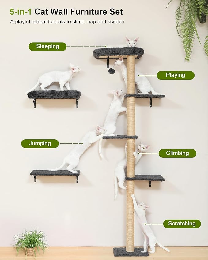 FUKUMARU Cat Wall Shelves Set, 70 Inch Stable Wall Mounted Tree, Kitten Scratching Post with Soft Cushion Perch, Space Saving Climbing Wall Furniture for 16 Inch Drywall - Gray