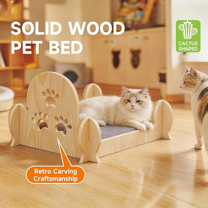Solid Wooden Cactus Cat Bed with Paw Print Carvings, Space-Saving for Small Apartments, Studios & Rental Homes, Cute Decorative Cat Furniture for Indoor Cats & Kittens