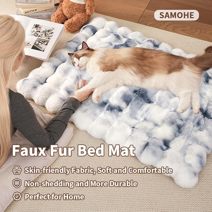 SOMAHE Cat Bed, Plush Faux Fur Kneading Flat Mat - Machine Washable Fluffy Pet Bed for Indoor Cats, Non-Slip Small Kitten Bed, Therapeutic Knead Cat Mat for Couch & Window Sill, 23"×15" Inch, Blue