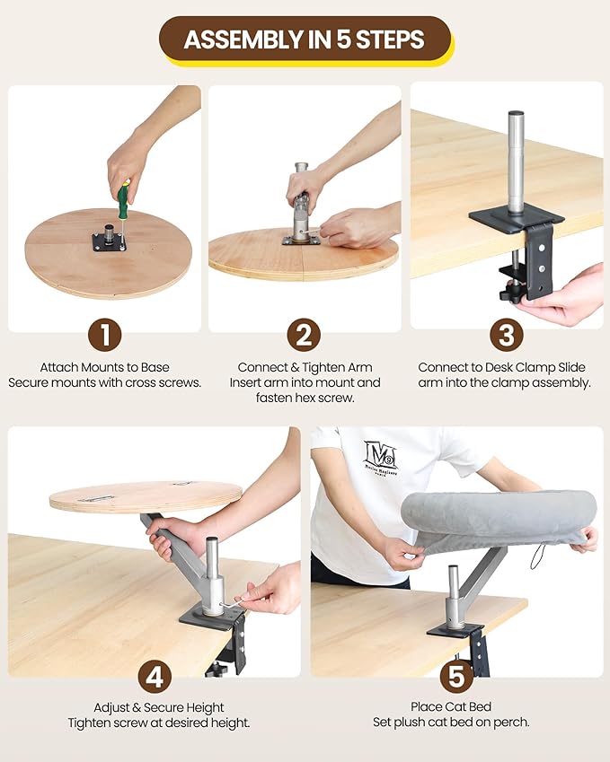 tomxcute Cat Desk Bed - Integrated Die-Cast Arm for Stability - 360° Rotation & Height Adjustable - 45 lbs Support - Cat Desk Perch for S/M/L Cat - Removable Washable Office Cat Bed with Wooden Base