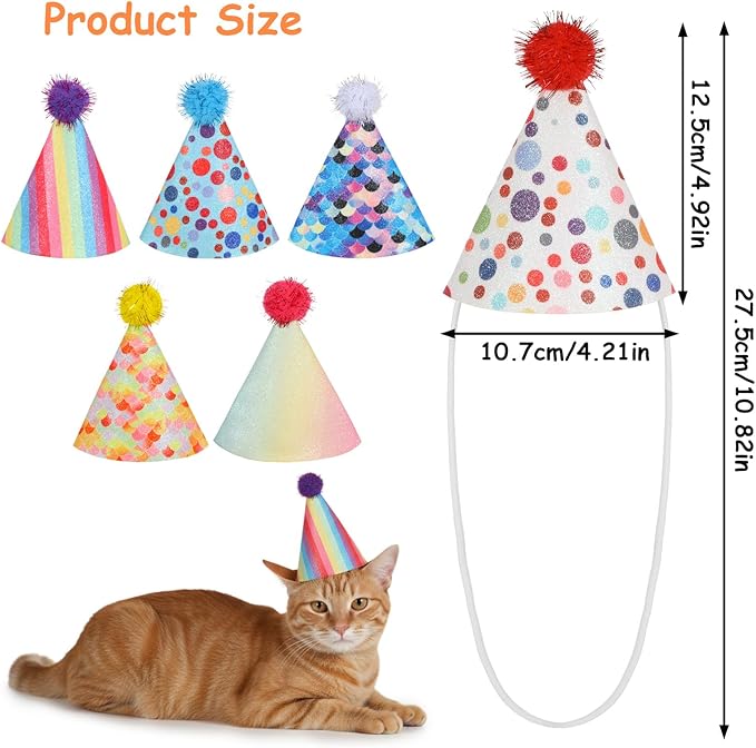 6 PCS Cat Birthday Hat Mini Party Hats for Stuffed Animals Mini Birthday Hats for Kittens Cats Dogs Rabbits Small Animals