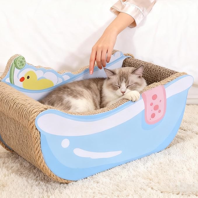 Cat Nest Bed, Cute Bathtub Style Cardboard Lounge, Small Corrugated Paper Cat House with Built in Scratch Board, Play Area for Kitten Puppy Small Dog, Indoor Pet Furniture Living Room Balcony