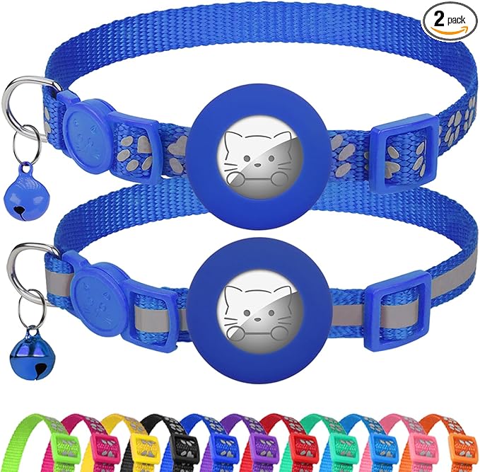 Joytale AirTag Cat Collar 2 Pack with Breakaway Safety Buckle, Reflective Cats Collar with AirTag Holder, Adjustable 7.5-12.5 Inch, Anti-Fraying Lightweight for Girl Boy Kitten, Navy Blue