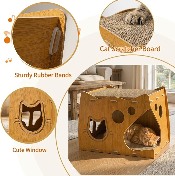 WRINGKIT Cat Scratcher House, 2 in 1 Cat Cardboard House with 2 Scratching Pads, Sturdy Cat House Lounge for Indoor Cats to Rest and Hide, Maximum Load Capacity 66 Lbs