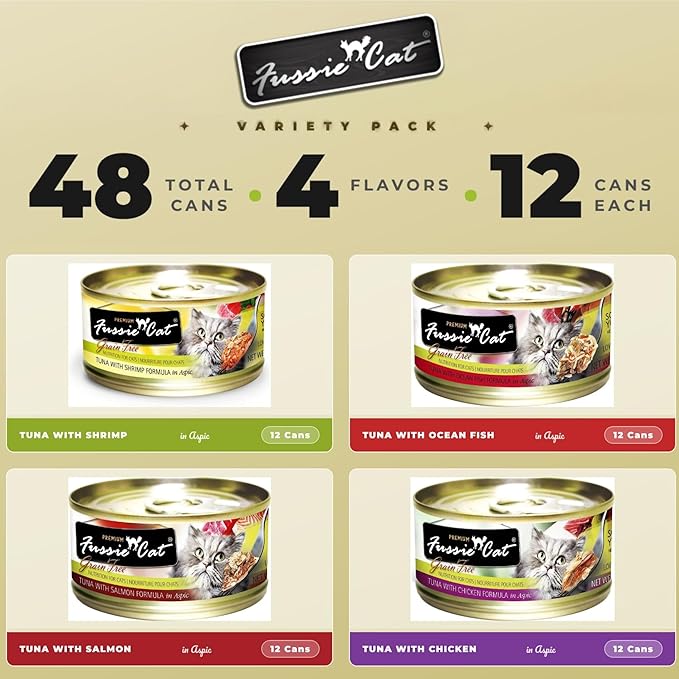 Fussie Cat Premium Canned Grain Free Cat Wet Food - Variety 4 Flavors Pack Food Bowl (48 Cans) (Tuna & Ocean Fish- Salmon - Shrimp - Chicken) 2.82 Ounce