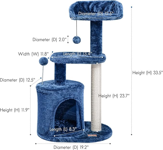 ClevaHome Small Deep Denim Blue Cat Tree for Small Spaces, Kittens, 33.5" Multi-Level Condo with Sisal Scratching Post, Plush Perches & Interactive Pompom Toy for Indoor Cats