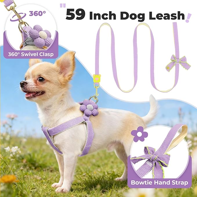 PETCARE Cute Flower Dog Harness and Bowtie Leash Set Easy Walk Puppy Dog Halter Harness for Small Dogs Girl Step in Dogs Harnesses with Buckle (Purple, Chest Adjustable 13"-20", Rope Width 0.79")