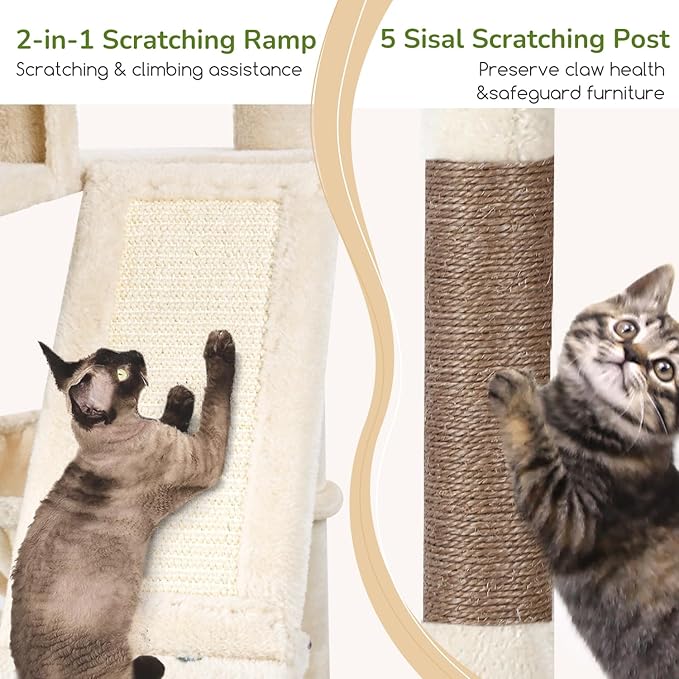 Globlazer 74in Heavy Duty Cat Tree for Large Indoor Cats, Multi-Level Cat Tower with Scratching Post, Cat Condos with Climbing Ladder, Hammock, Extra Large Top Perches, Pet Bed, F74D, Beige