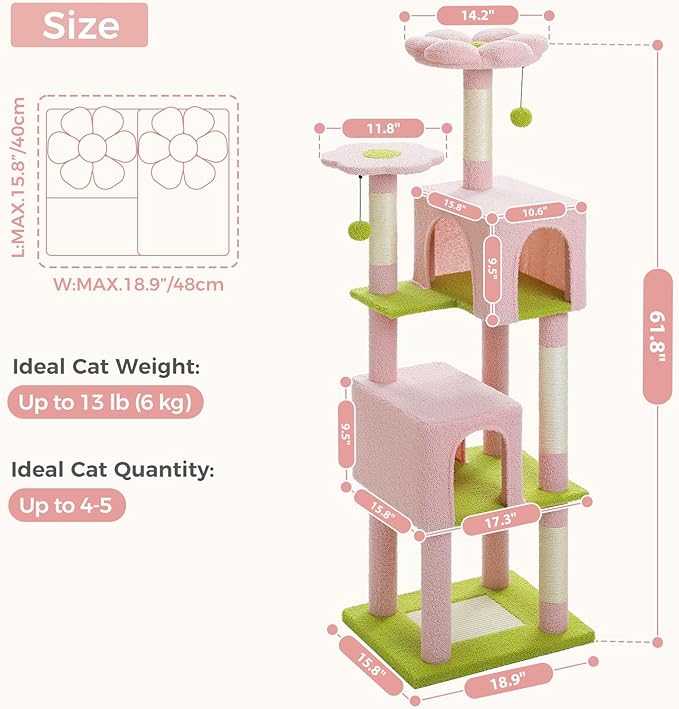 MUTTROS 62" Cat Tree for Indoor Cats, Multi-Level Cat Tower for Large Cats with Scratching Posts, 2 Spacious Plush Condos, Padded Perch, Soft Cat Bed, Scratching Pad & 2 Pompoms, Pink