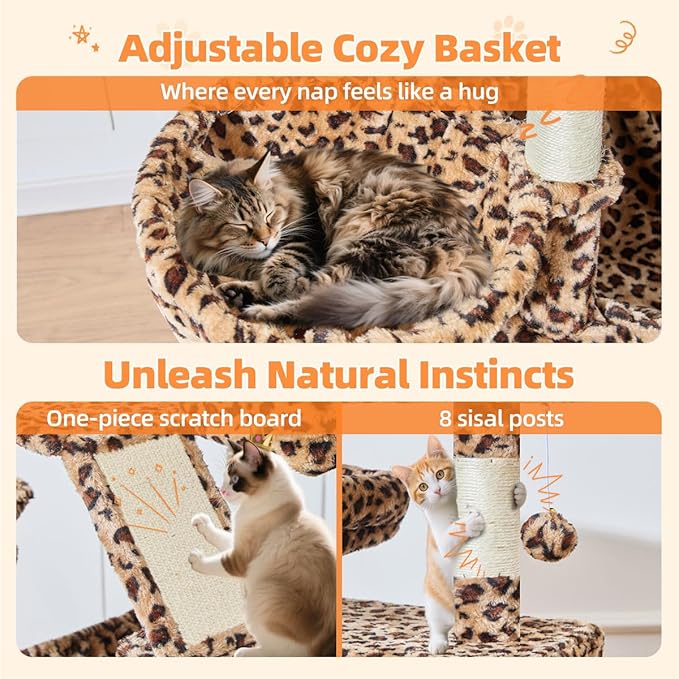 Taoqimiao Cat Tree 71-Inch, Cat Tower for Indoor Cats Large Adult, Multi-Level Large Cat Condo, 8 Sisal Scratching Posts, Metal Frame Cozy Hammock, Scratch Board, 2 Top Perches, Leopard Print MS026LBW