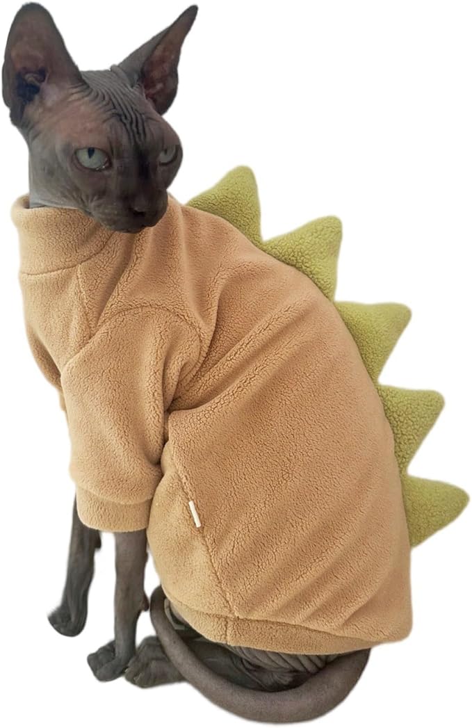 Dinosaur Sphynx Cat Clothes, Soft Polar Fleece Sweater for Cat, Elastic Pet Clothes Thick Winter Warm Outfit for Hairless Cat, Devon, Cornish, Small Dogs Apparel with Sleeves (Khaki, X-Large)