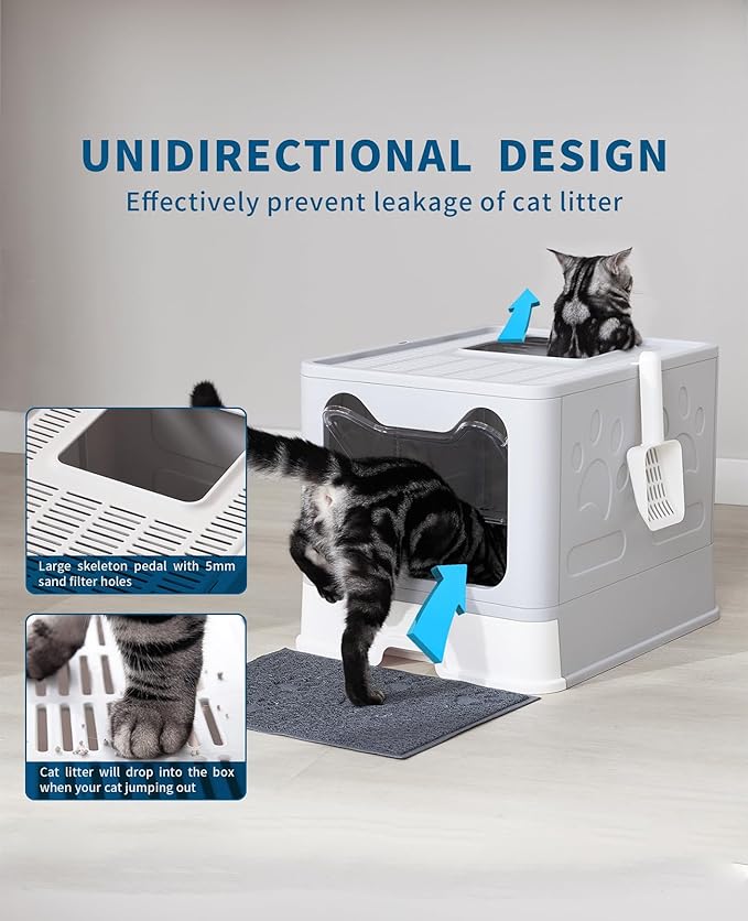 Medario Cat Litter Box with Litter Mat and Scoop, Large Covered Litter Box with Lid, Enclosed Kitty Box, Front Entry Top Exit, Odor Control, Easy to Clean (Grey)