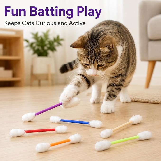 Cotton Swab Cat Toys with Catnip, 6 Pack Catnip Toys for Indoor Cats, Giant Kitty Kicker Plush Chew Sticks, Durable Felt Interactive Cat Toys for Kittens and Adult Cats (Colorful)
