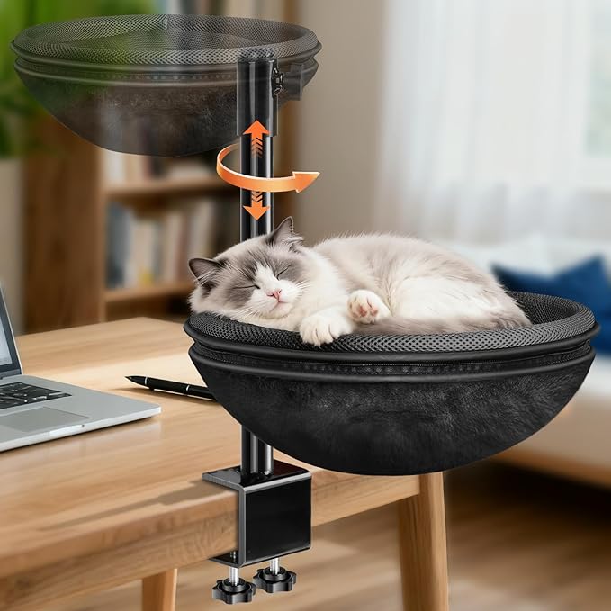 Cat Desk Bed, Cat Hammock with 360° Rotating & Height Adjustable, Removable Dual-Sided Breathable & Comfortable Kitten Bed, Cats Furniture Attachment for Indoor Office Desk (Black)