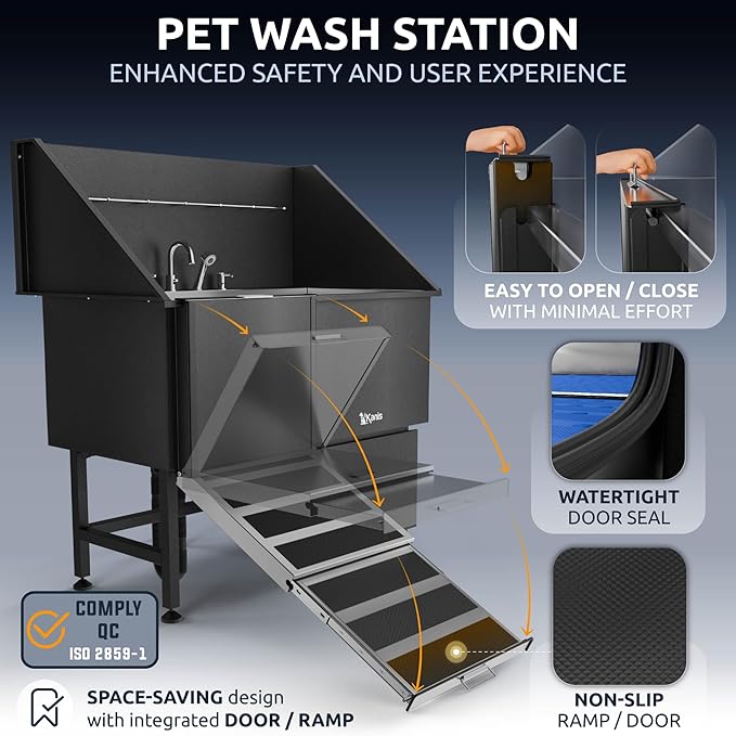 KANIS Professional Dog Washing Station 304 Stainless Steel Pet Wash Sink & Grooming Bathtub w/Shower, Floor Grates and Storage for Large, Medium & Small Pets (Black, 50 Inches, Left Ramp, 1 Drawer)