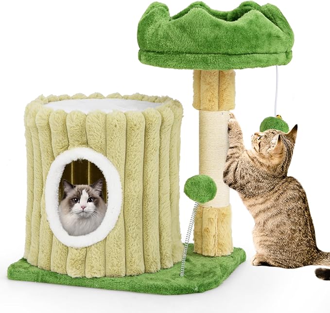 Tangkula Small Cat Tree, Green Cat Tower with Private Cat Condo, Plush Top Perch, Hanging Pompom & Spring Toy, Sisal Scratching Post, Cute Cat Climbing Tree for Indoor Cats