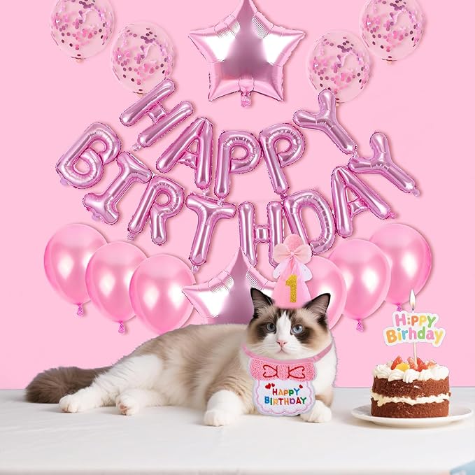 Birthday Hat for Cat with Bandana, Cute Kitten Outfit and Celebration Accessories, Cat Birthday Party Supplies (Pink)