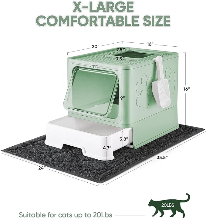 Medario Cat Litter Box with X-Large Litter Mat and Scoop, Large Covered Litter Box with Lid, Enclosed Kitty Box,Front Top Entry Exit, Odor Control Easy to Clean (Upgrade Green)