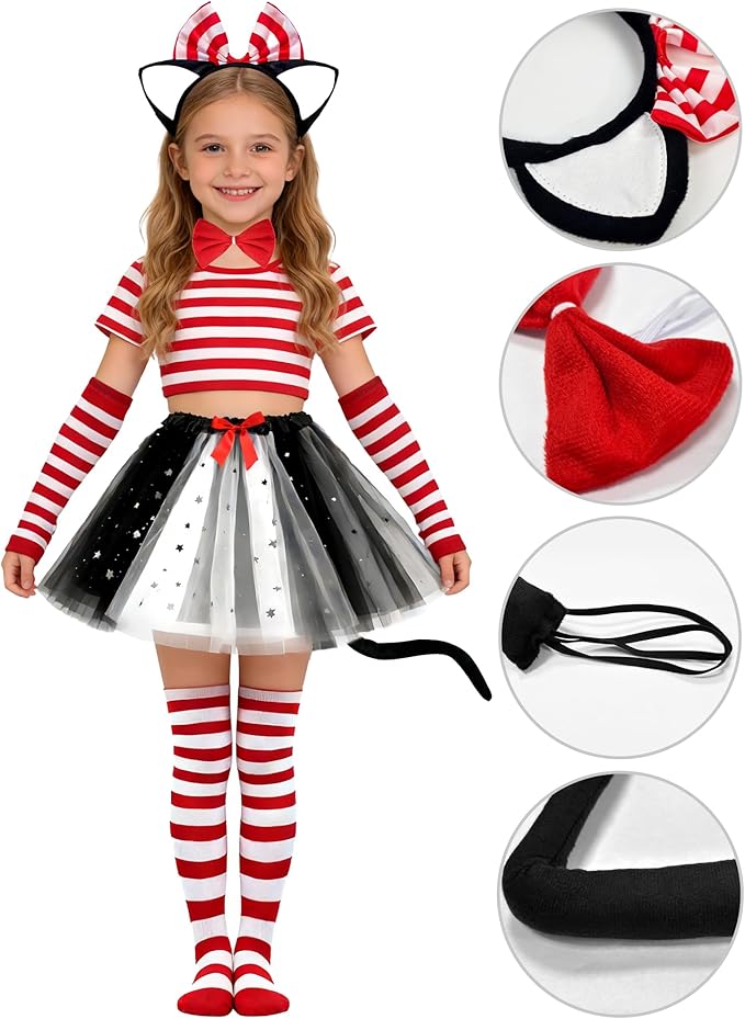 6 Pcs Cat Costume Set with Headband, Bow Tie, Sleeves, Socks, Tutu and Tail for Grils Halloween Book Week Cosplay