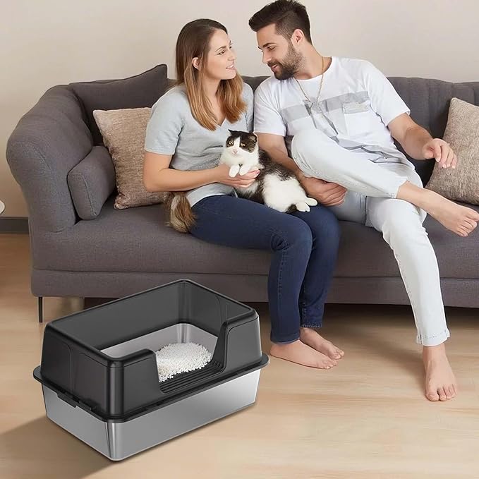 Stainless Steel Cat Litter Box, Extra Large Covered Litter Box for Big Cats, Enclosure XXL Metal Litter Pan Tray, High Sided,Anti-Leakage,Easy Cleaning, Non-Sticky,23.6 x 15.7 x 14.37,B