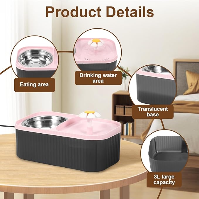 Cat Water Fountain and Food Bowl, 101oz/3L Automatic Fountain Water Bowl, Cat Food & Water Dispenser Set,Stainless Steel Dog Feeder, Pet Feeding & Watering Supplies for Pets (Pink, 1)