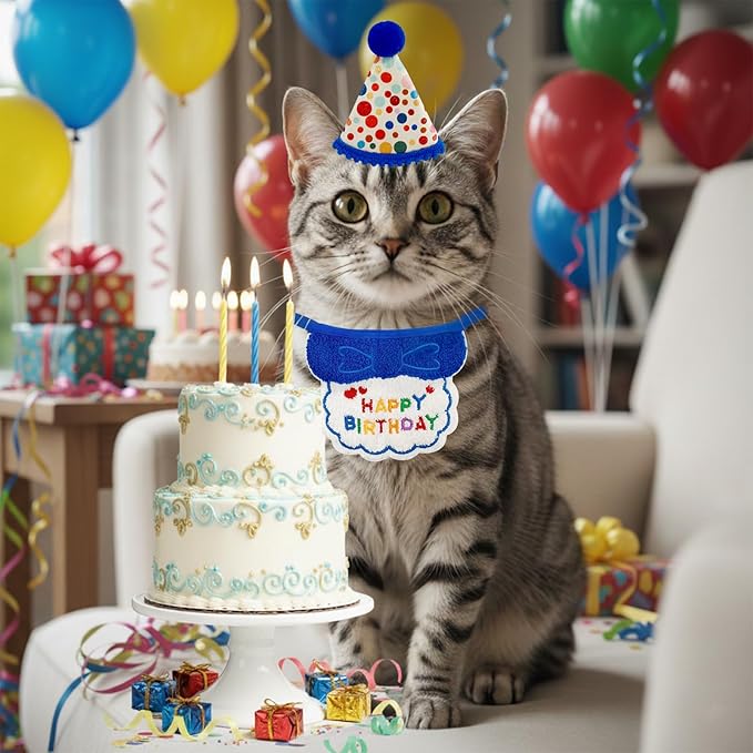 4PCS Blue Cat Birthday Party Supplies for Kitten Bandana Hat Number Decorations Pet Birthday Outfit Kit
