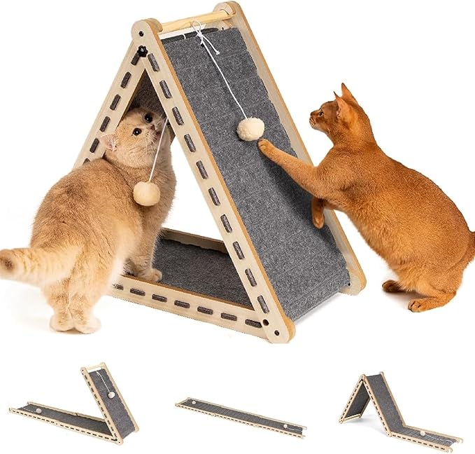 Cat Scratcher with Ball Toy Foldable Cat Scratch Pad Felt Triangle Scratchers for Indoor Cats Large Cat Scratching Board Mat Cats Scratch Furniture Protector Kitten Toys Grey