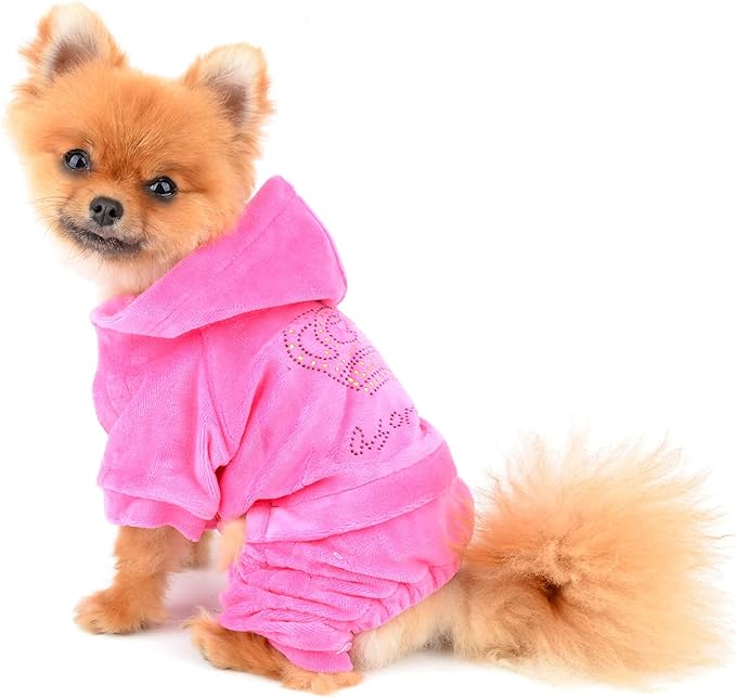 SMALLLEE_LUCKY_STORE Pet Clothes for Small Dog Cat Soft Velvet Crown Jumpsuit Coat Hooide Pajamas Tracksuit Pink L