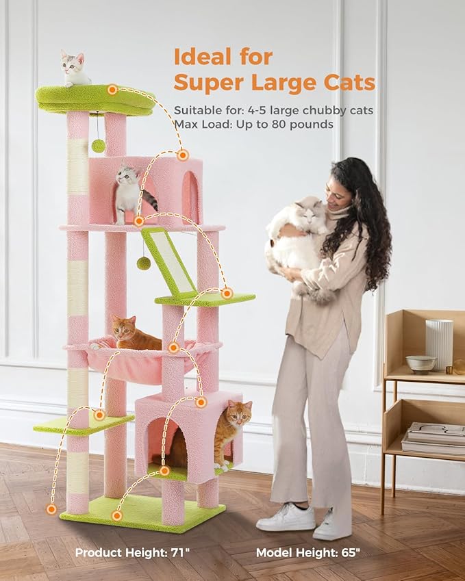 MUTTROS Pink 71" Tall Cat Tree for Large Cat 20 lbs with Super Large Hammock, Heavy Duty Cat Tower with 4 Sisal Scratching Posts & 2 Spacious Condos for Big Adult Cats Maine Coon -Green