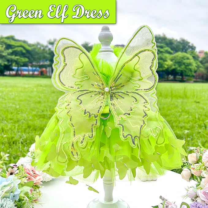 BAMY Butterfly Wings Dog Dress Summer Pet Wedding Skirt Lace Princess Tutu Cute Party Cat Outfit for Small Medium Dogs (Green, S (Chest 15.7inch/ 40cm))