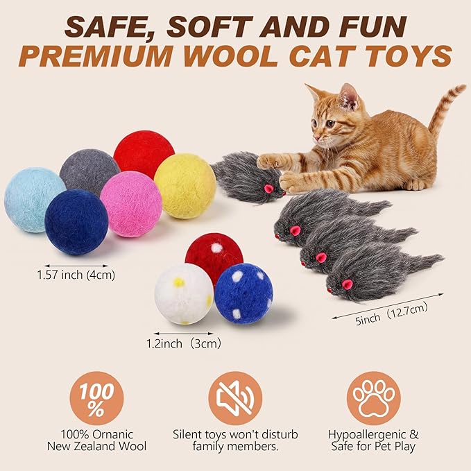 Outus 15 Pcs Toys for Cats Kittens Bulk with 6 Furry Cat Mice Interactive Catch Play 9 Wool Pom Toy Ball Fur Mouse Soft Quiet Fabric Kitty Balls for Indoor Yard House Patio, No Catnip