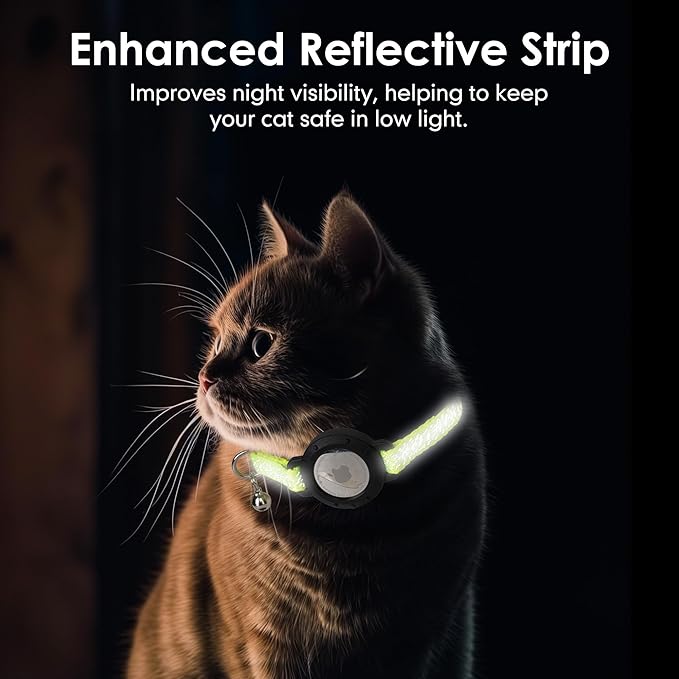 azuza AirTag Cat Collar with Reflective Fluorescent Green, Breakaway Safety Collar with Lightweight Design, Apple AirTag Holder and Bells, Adjustable for Cats(9-13")