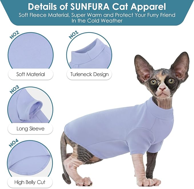 Turtleneck Sweater for Cat, Sphynx Cats Shirt Hairless Cat Sweaters with Sleeves, Warm and Soft Kitten Pullover Fleece Winter Pajamas Jumpsuit for Puppy Cats, Blue M