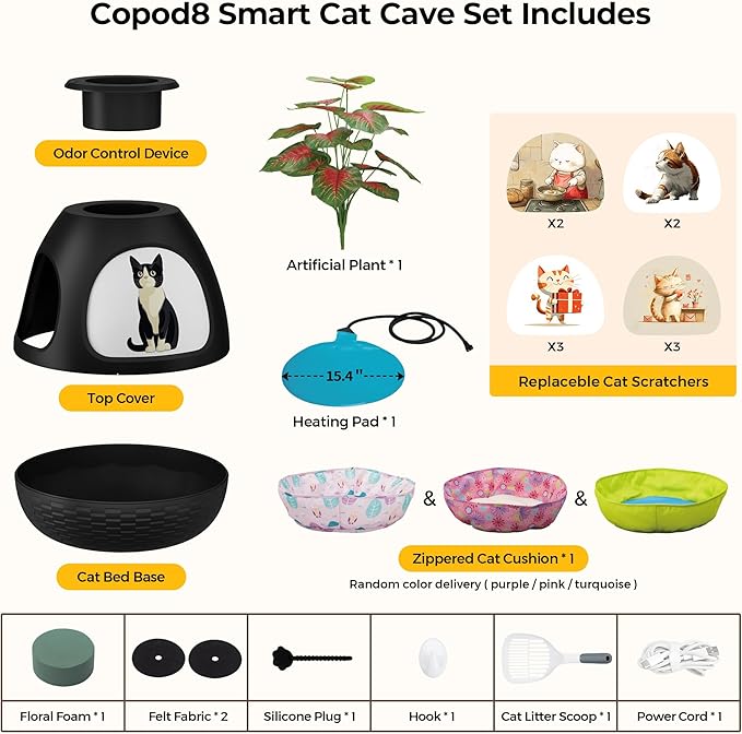 Copod8 Cat Bed Cave for Indoor Cats 4-in-1 Kitten House Cat Bed with Replaceable Scratching Board, Heating Pad, Air Purifier and Artificial Plant for Cats Rabbits Guinea Pigs Small Dogs (Black)