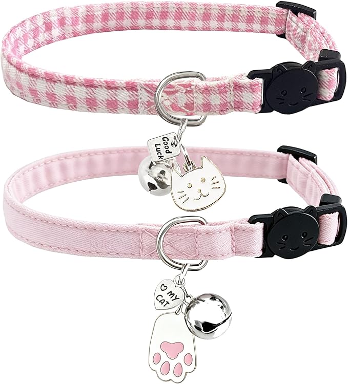2 Pack Cotton Breakaway Cat Collars with Bell and Charms Pink Solid Plaid Safety Collars for Girl Boy Cats, Cat Head and Paw Pendant Cute Kitten Collars