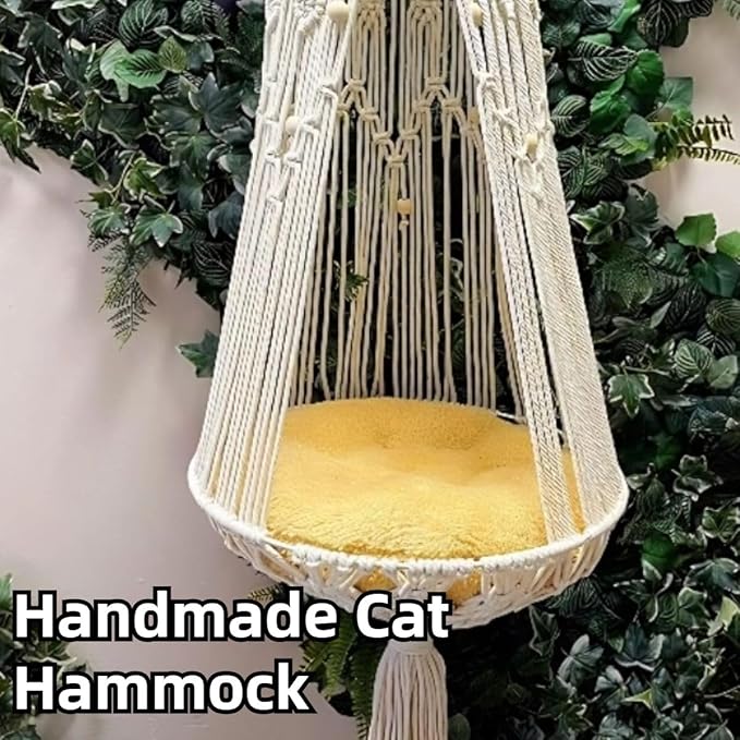 Hanging Cat Bed with Cushion - Macrame Hammock for Indoor Outdoor Home Decor, Boho Swing Cat Wall Furniture for Sleeping, Playing and Lounging