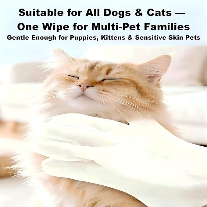 Pet Glove Wipes for Cats & Dogs, No Rinse Deodorizing Cleaning Mittens, Sphynx Cat Supplies, Thickened Hypoallergenic Aloe Vera, Unscented Full Body Grooming, Daily Care & Travel, 12 Count