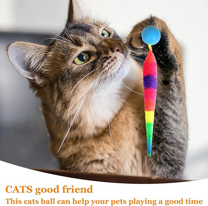 Bouncy Ball with Tail Cat Toys,5 Packs Rainbow Small Magic Worm with Ball Toy for Cats,Colorful Fuzzy Worm Bouncy Balls Cat Toy