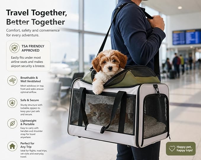 Cat Carrier Dog Carrier Airline Approved, Pet Carrier for 2 Cats Small Medium Dogs, Soft Cat Carrier 18x15x15 with Foldable Bowl & Washable Pad, TSA Approved Dog Carriers by Luniko Shop (Cream)