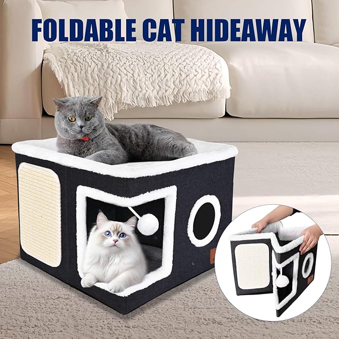 Cat Beds for Indoor Cats, Large Cat Cave Bed with Scratch Pad and Fluffy Ball, Foldable Cat Hideaway, Cat House with Reversible Cushion for Multi Small Pet Up to 30LBS, Dark Grey