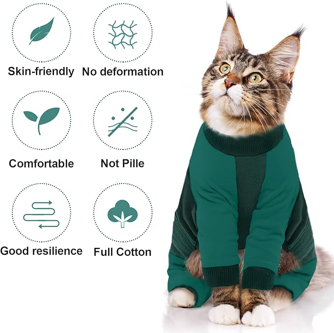 QBLEEV Sticky Hair Cat Clothes, Soft Cat Pajamas for Cats Only, Prevent Lost Fur Kitten Sweater Onesie, Stretchy Recovery Suit for Female Male Cats After Surgery Daily Wear, Green, XL