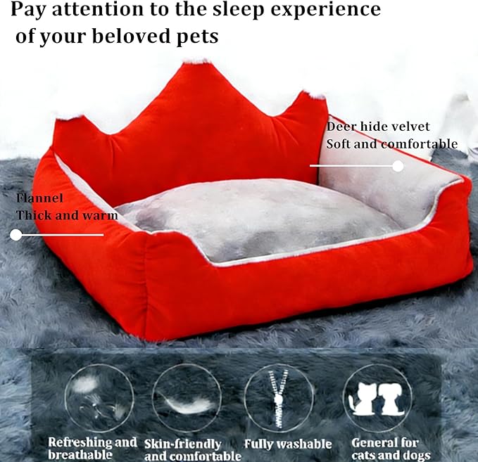 Cute Crown Pet Beds for Dogs Cat,Fashionable Luxurious Crown Cat Princess Beds Winter Warm Puppy Cat Sofa Bed Soft Upholstered Plush Sofa,Durable Washable Anti-Slip Dog Beds (Red, S-Below 4.0kg)