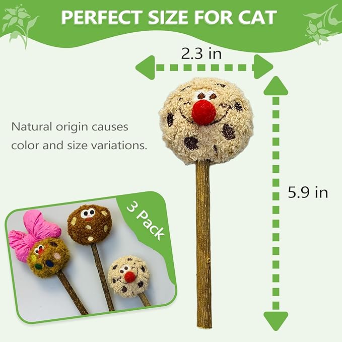 Silvervine Sticks for Cats (3-Pcs), Catnip Lollipop Cat Toy for Indoor Cats, Natural Cat Chew Toys for Kitten Teething and Teeth Cleaning