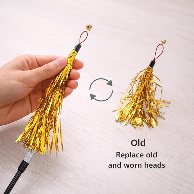 LUOZZY 8 Pcs Cat Teaser Wand Replacement with Bell Metallic Foil Tassel Cat Wand Toys Interactive Catcher Teaser for Pet, Random Color