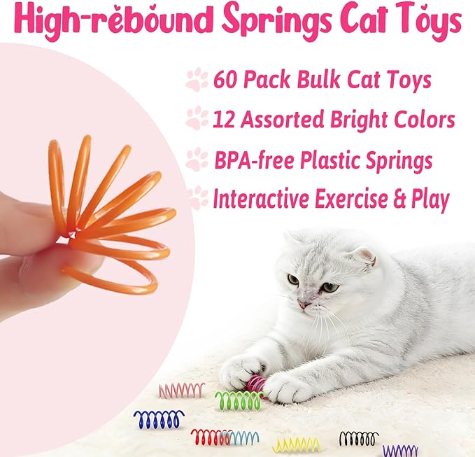 60 Pack Cat Spring Toys, 12 Vibrant Colors Interactive Cat Toys for Indoor Cats and Kittens, Colorful Plastic Springs for Cats - Durable Spiral Cat Toy for Batting, Biting, and Chasing