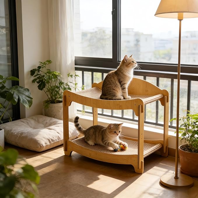 2 Layer Cat Hammock Bed, 19x15.75x20.1 Inch Wooden Bunk Bed for Indoor Cats, Elevated Pet Bed with Breathable Washable Cover, Holds 35 lbs Per Tier, Sturdy Natural