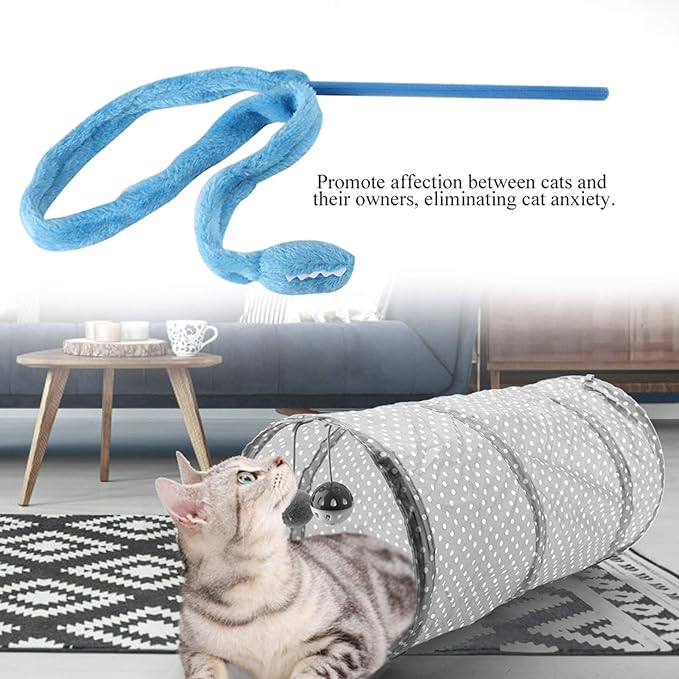 Cat Teaser Toy, Snake Shape Design with Silicone Material and 9.4 Inch Handle, Interactive Play Wand for Indoor Cats and Kittens, Green Pink Blue Color Options (Mixed Colors)